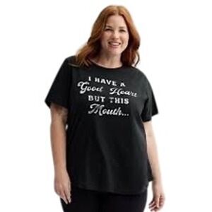 Mighty Fine‎ Womens 1X Black Graphic Tee I Have A Good Heart But This Mouth NWT
